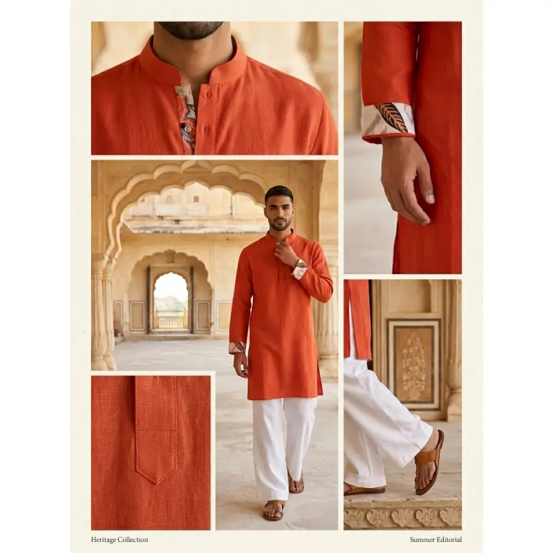Rust Orange linen Short Panjabi/Kurta